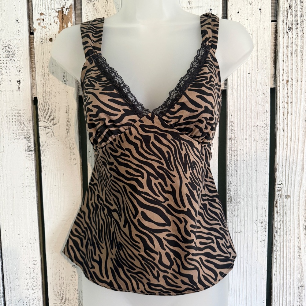 Wild Fable Zebra Animal Print Lace Trim Top Small Tan Black Sleeveless Y2K Style